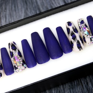 Elegant Sapphire Coffin Press On Nails: Hand Painted Gel X False Nails