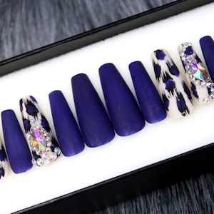 Elegant Sapphire Press On Nails Long Coffin Set - Glue On Nails - Hand Painted Nail Pattern - Gel X Fake Nails - False Nails N241