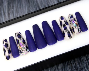 Elegant Sapphire Coffin Press On Nails: Hand Painted Gel X False Nails