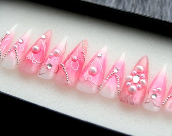 Pink Heart 3D Press On Nails: Kawaii Stiletto Gel X Fake Nails