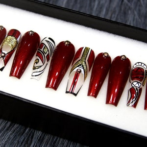 Ruby Red Queen Glue On Nails Coffin - Birthstones Fake Nails - Press On Nails - Acrylic False Nails - Hand Painted Gel X Nails N191