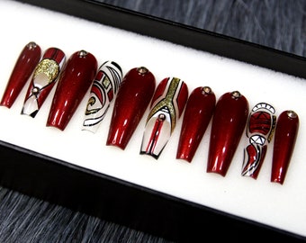 Ruby Red Queen Glue On Nails Coffin - Birthstones Fake Nails - Press On Nails - Acrylic False Nails - Hand Painted Gel X Nails N191