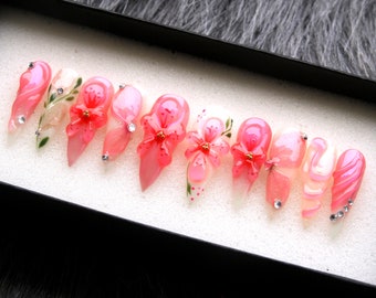 Fairy Pink Flowers Press On Nails | 3D Neon Pink Elegant Nails | Coquette Nails | Elegant Spring Nails | Trendy Nails K239