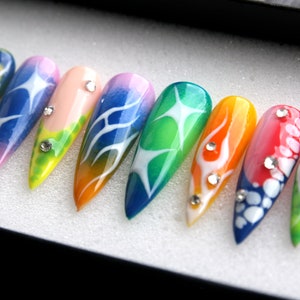 Galaxy Stiletto Press On Nails: Rainbow Glitter Gel X Fake Nails
