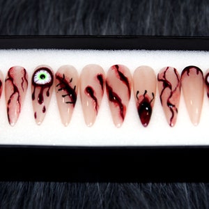 Bleeding Stitches Halloween Press On Nails | Beige Luxury Glue On Nails | Halloween Fake Nails | Glossy Gel X False Nails K124