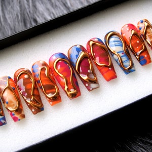 Trendy Multi Colour Press On Nails | Y2K Handmade Press on Nails | Goth Gothic Fake Nails | Gel Nails | Stiletto Nails K218