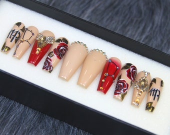 Zodiac Personalized Nails | Virgo  Press On Nails Coffin Luxury | Glue On Nails Crystal Set | Elegant Nails | Gel X False Nails DD35