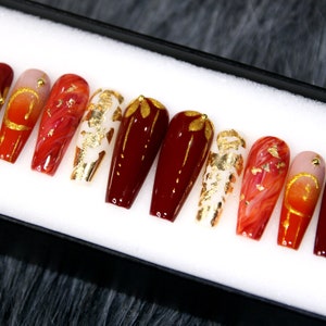 Sunset Ombre Press On Nails | Ruby Luxury Nails | Elegant Fake Nails | Long Coffin False Nails N178