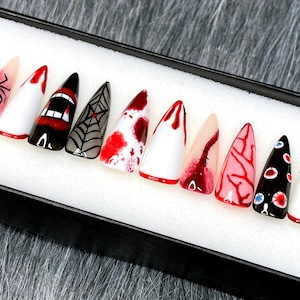 Halloween Spider Press On Nails: Long Coffin Gel Fake Nail Set