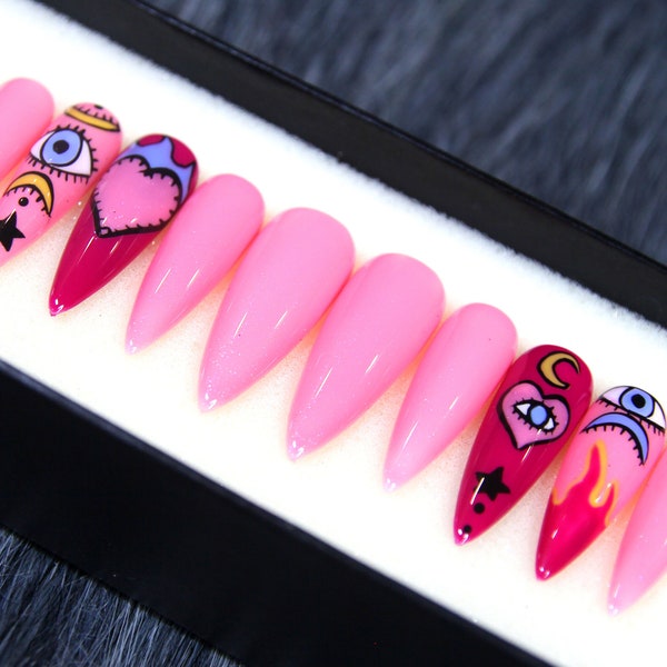 Heart-Breaker Pop Art Fake Nails Glossy | Pastel Pink Press On Nails Stiletto | Glue On Nails | Handmade Eye Pattern 3D Nails K108