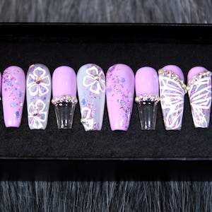 Floral Purple Press On Nails | French Tip Fake Nails | Butterfly Gift Coffin Nails | Salon False Nails N21
