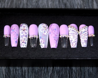 Floral Purple Press On Nails | French Tip Fake Nails | Butterfly Gift Coffin Nails | Salon False Nails N21