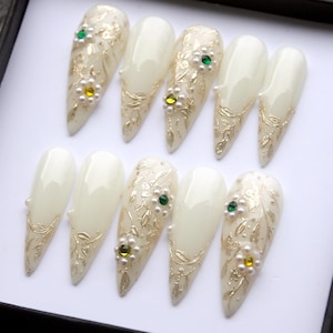 3D White Floral Press On Nails: Long Stiletto Wedding Nails