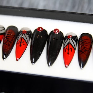 Spider Web Glue On Nails Hot Red Black Press On Nails Black Luxury Nails Halloween Coffin Nails K80 image 4