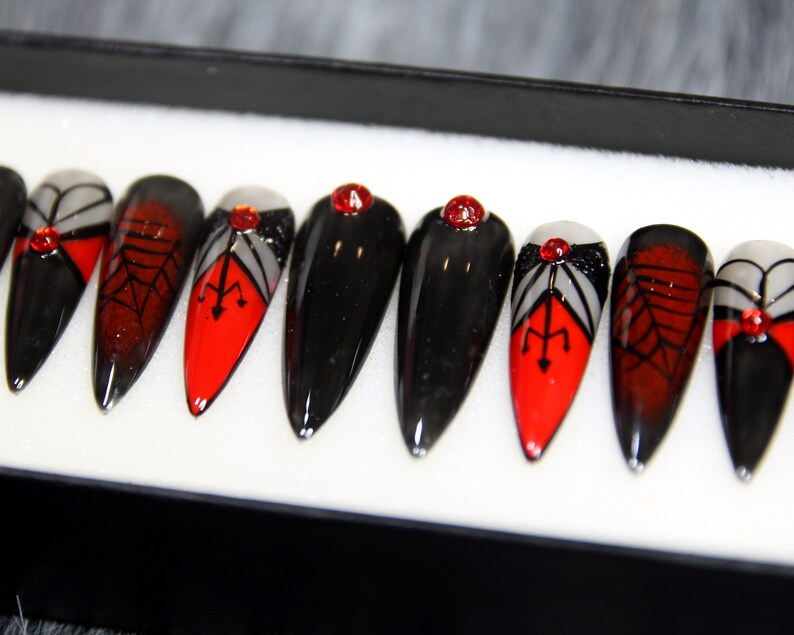 Spider Web Glue On Nails Hot Red Black Press On Nails Black Luxury Nails Halloween Coffin Nails K80 image 4