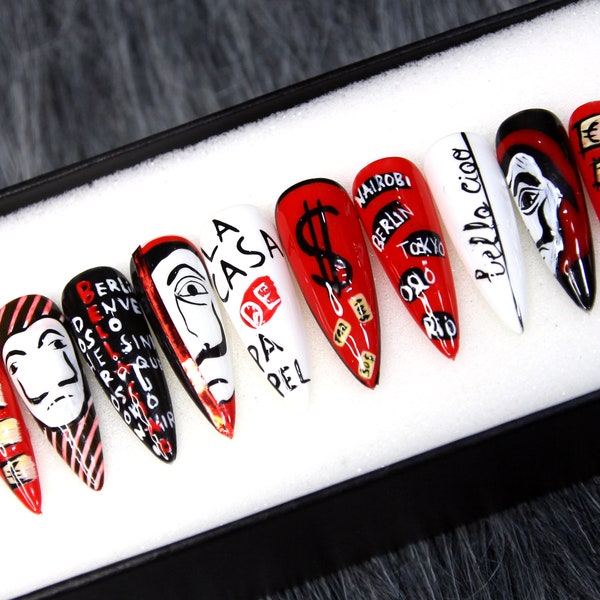 Money Heist Nails | Movie Inspired Press On Nails | Glue On Nails Handpainted | Series Gift | Trendy Red Nails K3