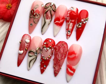 Kiss Me Press On Nail Valentine - Holiday Accessory Gift for Her, Reusable Nail K548