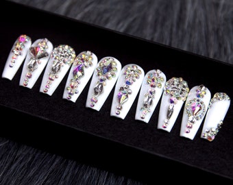 Luxury Rhinestone Press On Nails: Marble Coffin False Nails