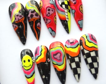Psychedelic Mushroom Press On Nails – Neon Checkerboard Y2K Fake Nail K479