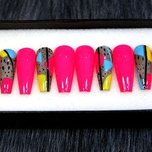 Neon Pink Abstract Press On Nails | Club Fake Nails | Party Long Coffin Nails | False Nails | Fake Nails Gel X K97