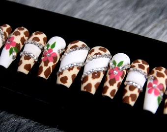 Mixed Animal Print Press On Nails | Wild Cheetah Glue On Nails | Flower Leopard Fake Nails | False Coffin Nails K23