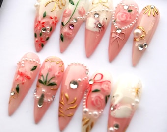 Bow and Pearl Press On Nails | Elegant Fake Nail With Crystal | Trendy Reuseable Floral False Nails | Flowers Ombre Pink Nails Set K392