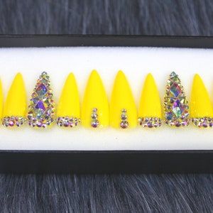 Yellow Stiletto Press On Nails: Neon Party Rhinestone False Nails