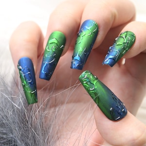 Emerald Ombre Coffin Nails | 3D Gel Water Coated Nail Set | Goth Nails | Press On Nail Long | Emo Style Fake Nails K191