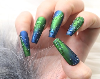 Emerald Ombre Coffin Press On Nails: 3D Gel Coated Goth Emo Style