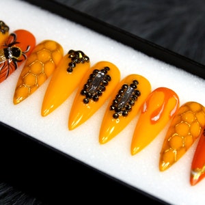 Bee Hive Press On Nails | Yellow Honey Glue On Nails With Crystal | Gel X False Nails | Orange Fake Nails K43