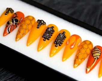 Bee Hive Press On Nails | Yellow Honey Glue On Nails With Crystal | Gel X False Nails | Orange Fake Nails K43