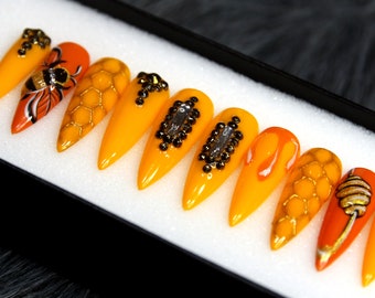 Bee Hive Press On Nails | Yellow Honey Glue On Nails With Crystal | Gel X False Nails | Orange Fake Nails K43