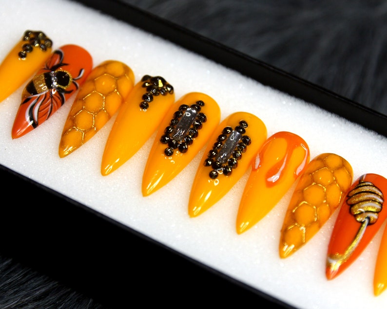 Bee Hive Press On Nails | Yellow Honey Glue On Nails With Crystal | Gel X False Nails | Orange Fake Nails K43 