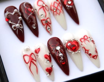 Red Burgundy Press On Nails: Valentine's Bow Nail Set