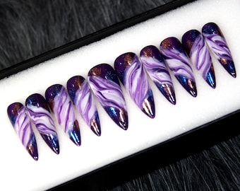 Galaxy Swirl Nails – Purple Ombre Stiletto Press On, Latte Wedding Glam N61