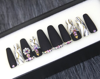 Electric Love Press On Nails: Marble Crystal Long Coffin Style