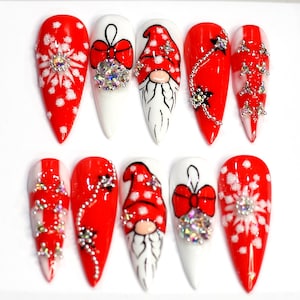 Christmas Gift Silver Press On Nails | 3D Fake Nails Design | Y2K Xmas Long Nails | Wintter Festive Glue On Nails K370