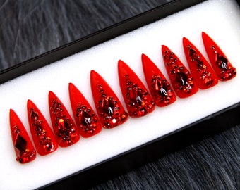 Ruby Heart Press On Nails Stiletto | Glue On Nails | Luxury Fake Nails | Red False Nails K29