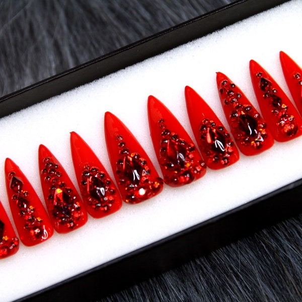 Ruby Heart Press On Nails Stiletto | Glue On Nails | Luxury Fake Nails | Red False Nails K29