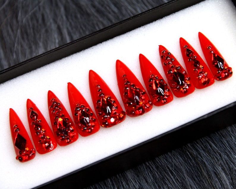 Ruby Heart Press On Nails Stiletto | Glue On Nails | Luxury Fake Nails | Red False Nails K29 