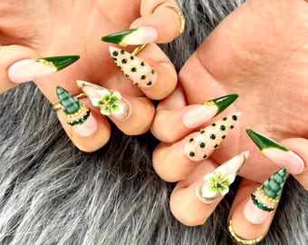 Emerald Green Floral Press On Nails - 3D Flower Stiletto Nails, Reusable Nail K598