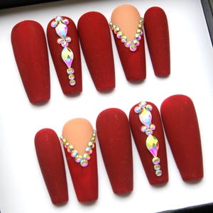 Matte Hot Burgundy Press On Nails | Valentine&#39;s Day Red Nails | 3D Reuseable Wedding Nails | Handmade Trendy Nails K397
