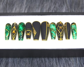 Emerald Green Press On Nails: Gold Flake Coffin Nails, Hand Painted