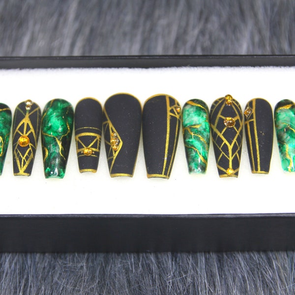 Emerald Green Press On Nails: Gold Flake Coffin Nails, Hand Painted