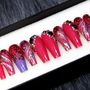 Festive September Hot Pink Press On Nails Coffin Set | Glue On Nails | Coffin Nails Set | Gel X False Nails | Fake Nails Stick On N174