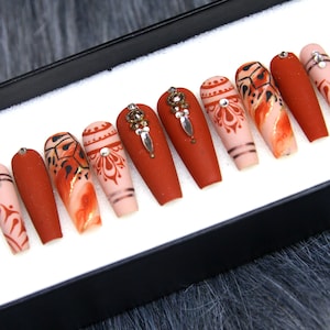 Queen Of Mars Press On Nails Coffin | Salon Gel X Handpainted Press On | Crystal Elegant Glue On Nails | Bride Nails VT06