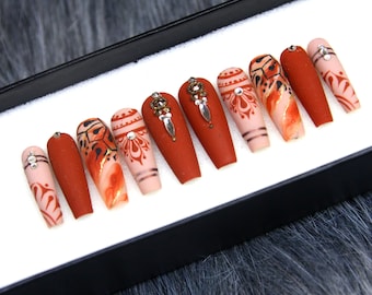 Queen Of Mars Press On Nails Coffin | Salon Gel X Handpainted Press On | Crystal Elegant Glue On Nails | Bride Nails VT06