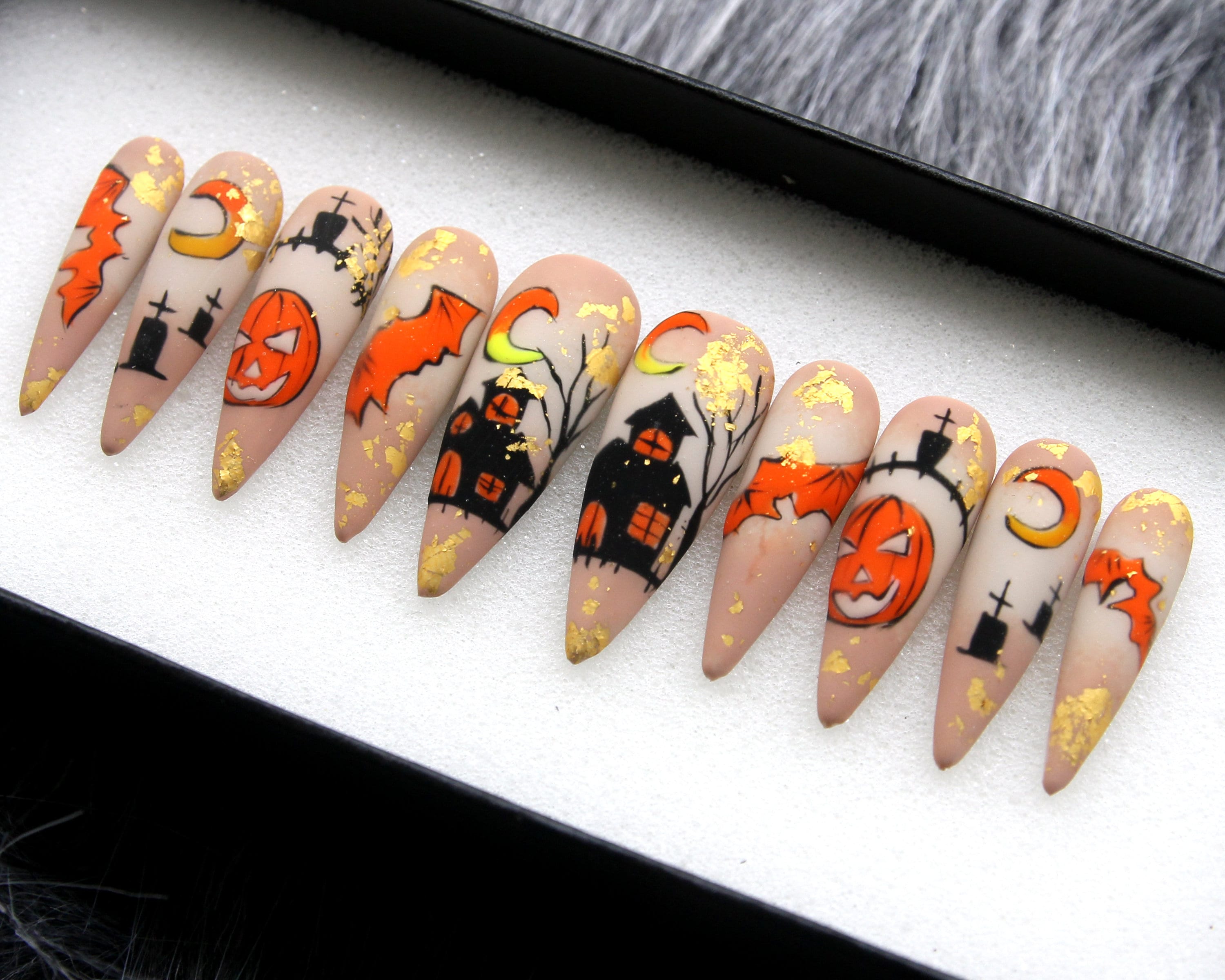 Spooky House Press On Nails | Halloween Special Press On Nails Stiletto | Hand-made Glue On Nails | Luxury Fake Nails | False Nails HA2