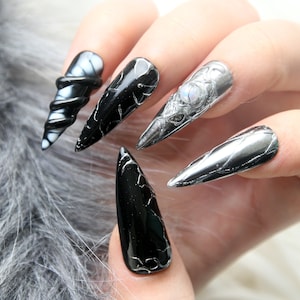 Cyberpunk Goth Metallic Silver Press On Nails | Custom 3D Long Stiletto Fake Nail | Goth Gothic Emo Style Nails K183