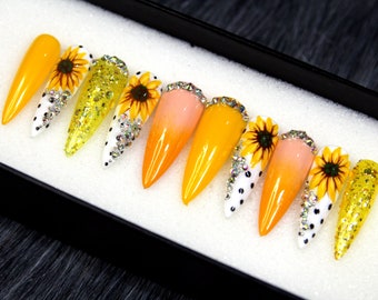 Spring Nails - Yellow Sunflower Press On Nails - Coffin Long Nails - Gel Press on Nails - Floral Nails - Instant Nails N396